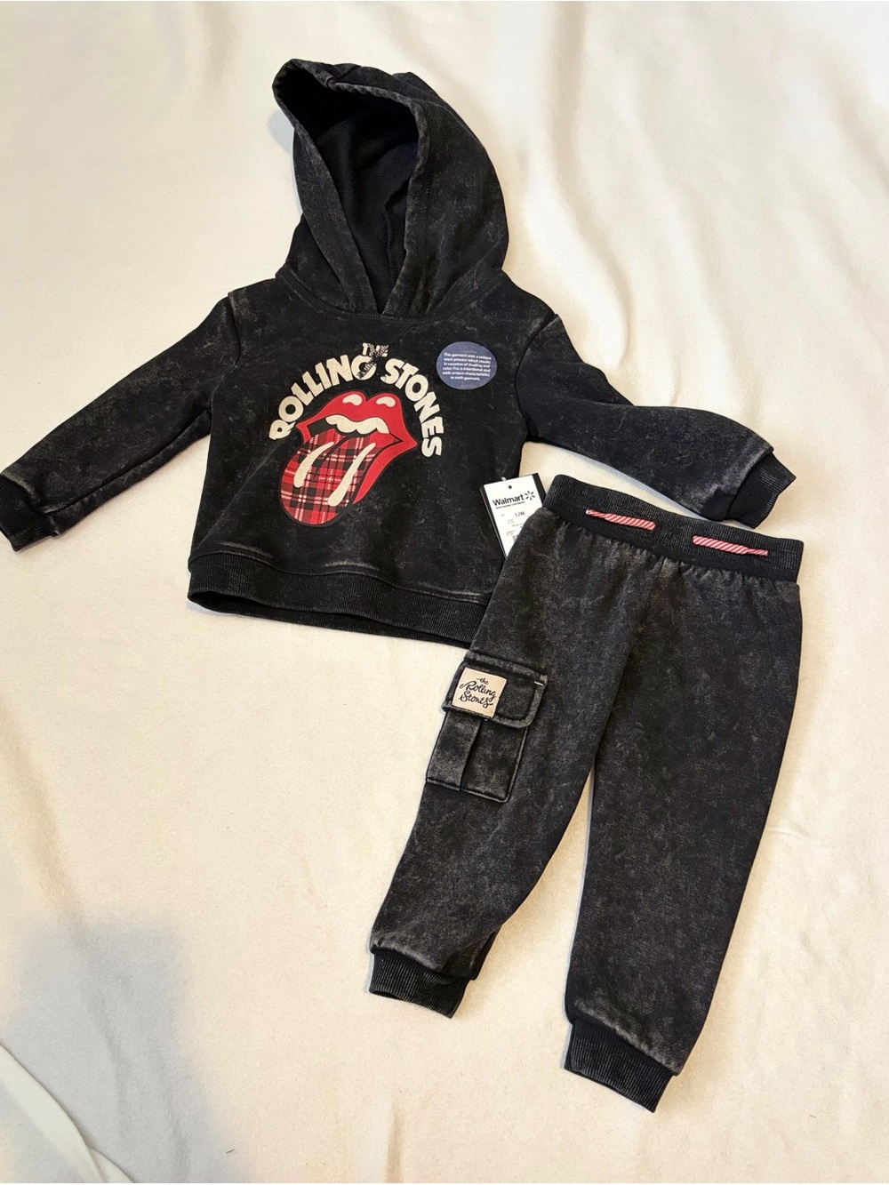 The Rolling Stones Black Hoodie Joggers Set with Red Plaid Tongue, Boy 12M.